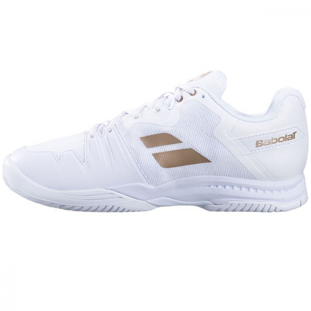 30S22550-1070 Babolat Men's SFX3 All Court Wimbledon Tennis Shoes (White/Gold) - Left