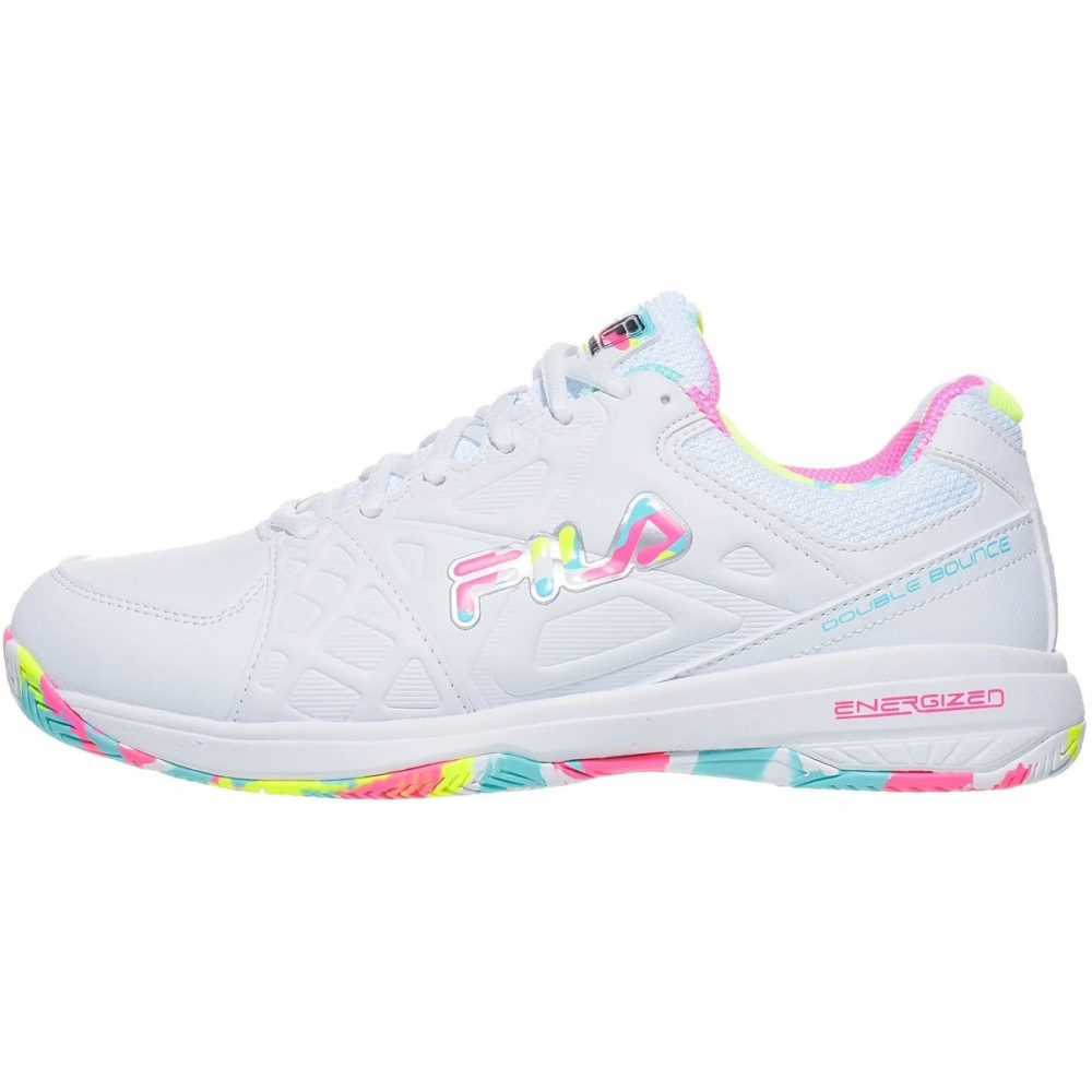 5PM00605-199 Fila Women’s Double Bounce 3 Pickleball Court Shoes (White/White/Multicolored)