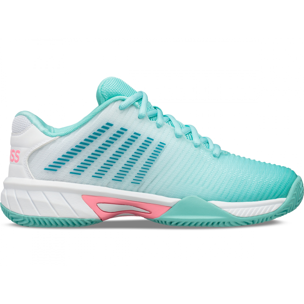 K-Swiss Junior Hypercourt Express 2 Kids' Tennis Shoes, Aruba Blue/White/Soft Neon Pink