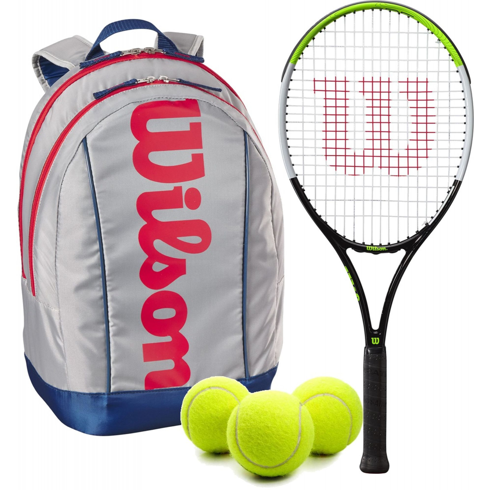 BladeFeelJr-WR8023801001U-Ball Wilson Blade Feel Junior Tennis Racquet + Backpack + 3 Tennis Balls (Grey/Red)