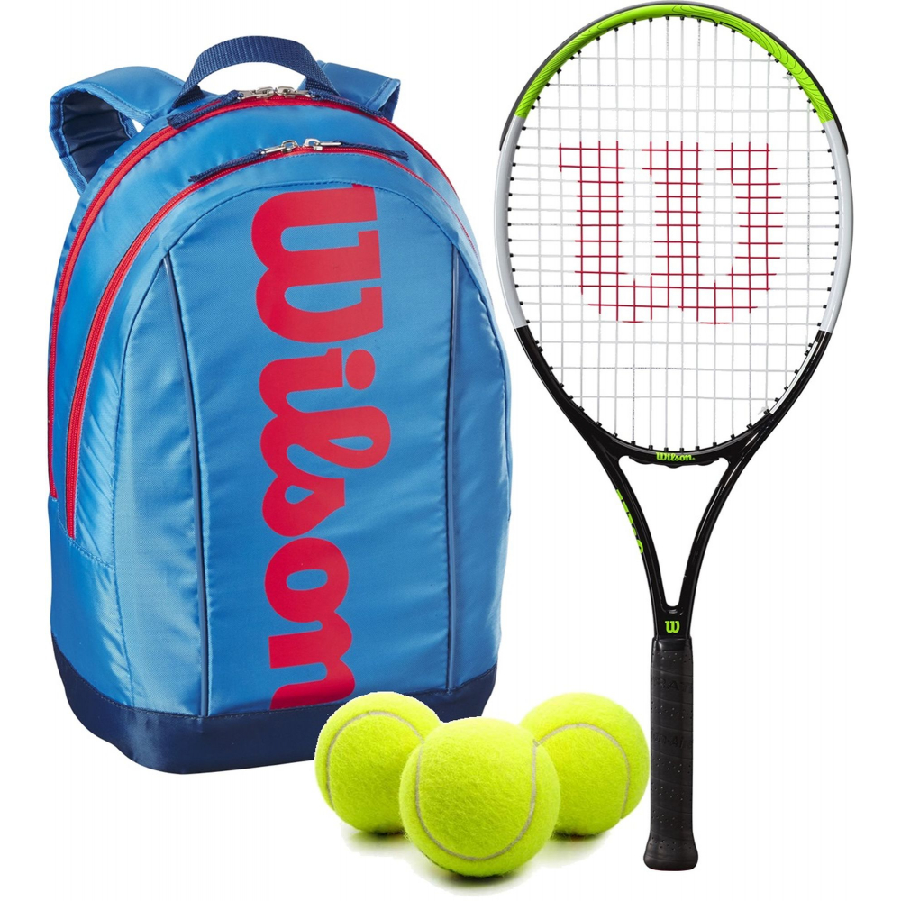 BladeFeelJr-WR8023802001U-Ball Wilson Blade Feel Junior Tennis Racquet + Backpack + 3 Tennis Balls (Blue/Orange)