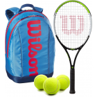 Wilson Blade Feel Junior Tennis Racquet + Backpack + 3 Tennis Balls (Blue/Orange) -