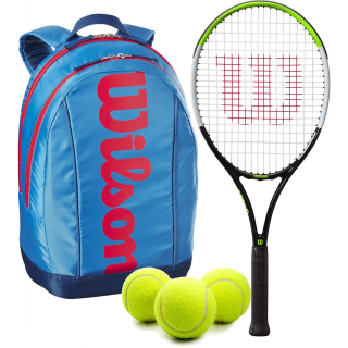 BladeFeelJr-WR8023802001U-Ball Wilson Blade Feel Junior Tennis Racquet + Backpack + 3 Tennis Balls (Blue/Orange)