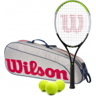 Wilson Blade Feel Junior Tennis Racquet + 3pk Bag + 3 Tennis Balls (Grey/Red) -