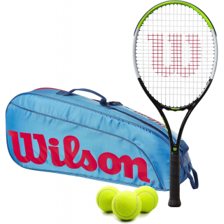 BladeFeelJr-WR8023902001U-Ball Wilson Blade Feel Junior Tennis Racquet + 3pk Bag + 3 Tennis Balls (Blue/Orange)