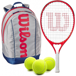FedererJr-WR8023801001U-Ball Wilson Roger Federer Junior Tennis Racquet + Backpack with 3 Tennis Balls (Grey/Red)