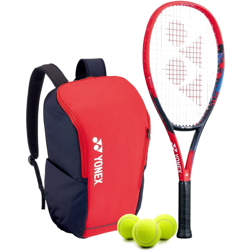 VCoreJr-BAG42312SC-Ball Yonex Junior VCore 7th Generation Scarlet Tennis Racquet Bundled with a Yonex Team Backpack and a Can of 3 Tennis Balls (Scarlet)