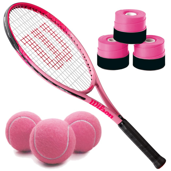 Wilson Burn Pink Girls' Tennis Racquet bundled w 3 Pink Overgrips and 3