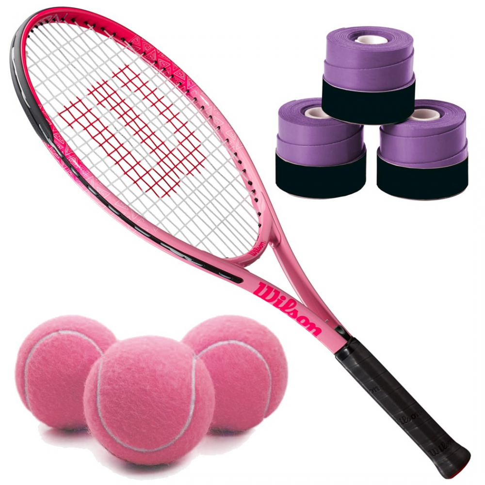 BurnPinkJunior-Purple-OG Wilson Burn Pink Girls' Tennis Racquet bundled with 3 Purple Overgrips and a Can of Pink Tennis Balls
