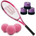Wilson Burn Pink Girls’ Tennis Racquet bundled with 3 Purple Overgrips and a Can of Pink Tennis Balls -
