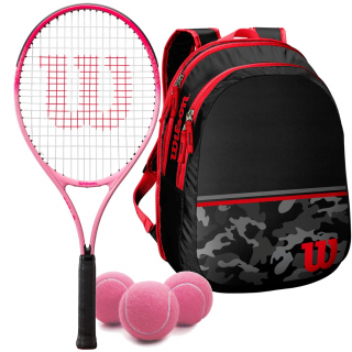 WR052610U-WR8002901001-Ball-BNDL Wilson Burn Pink 25 Inch Junior Tennis Racquet Black Camo Kids Backpack Pink Balls