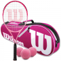 WR052610U-WR8005201001-Ball-BNDL Wilson Burn Pink 25 Inch Junior Tennis Racquet Pink White Advantage Bag Pink Balls