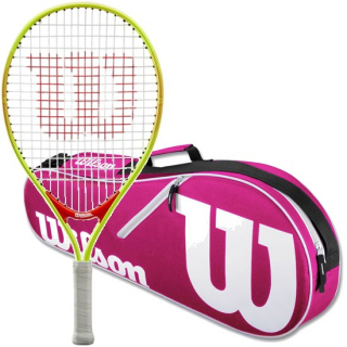 FedererJr-Closeout-WR8005201001 Wilson Roger Federer Junior Tennis Racquet Bundled w a Pink/White Advantage II Tennis Bag a