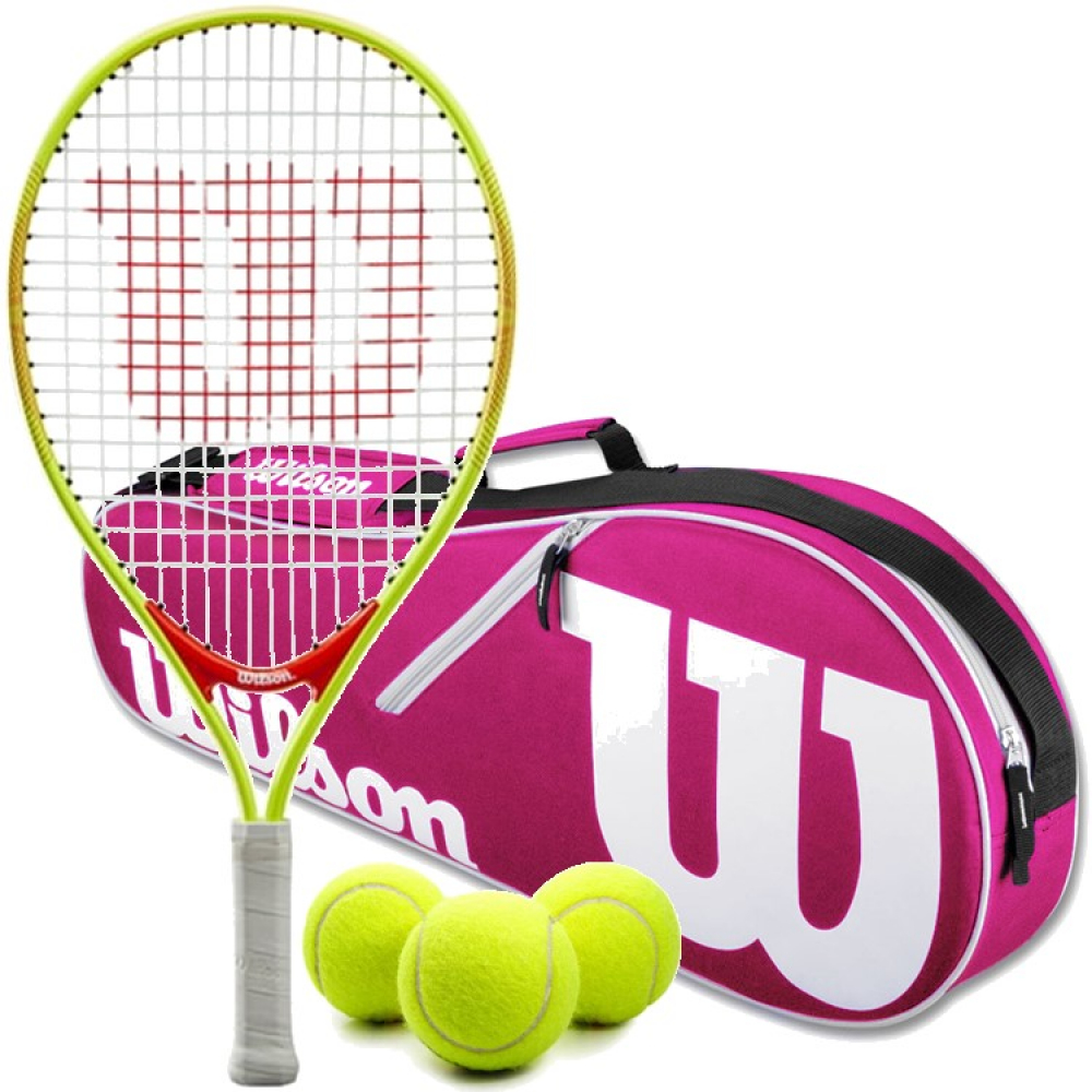 FedererJr-Closeout-WR8005201001-Balls Wilson Roger Federer Junior Tennis Racquet Bundled w a Pink/White Advantage II Tennis Bag and 3 Tennis Balls