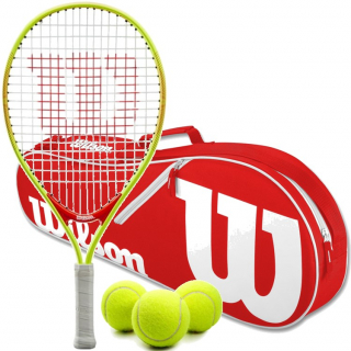 FedererJr-Closeout-WR8005202001-Balls Wilson Roger Federer Junior Tennis Racquet Bundled w a Red/White Advantage II Tennis Bag and 3 Tennis Balls