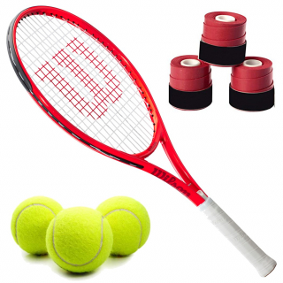 WR054310U-Ball-Red-OG Wilson Roger Federer Pre-Strung Junior Tennis Racquet Red White Red Overgrips Can Balls