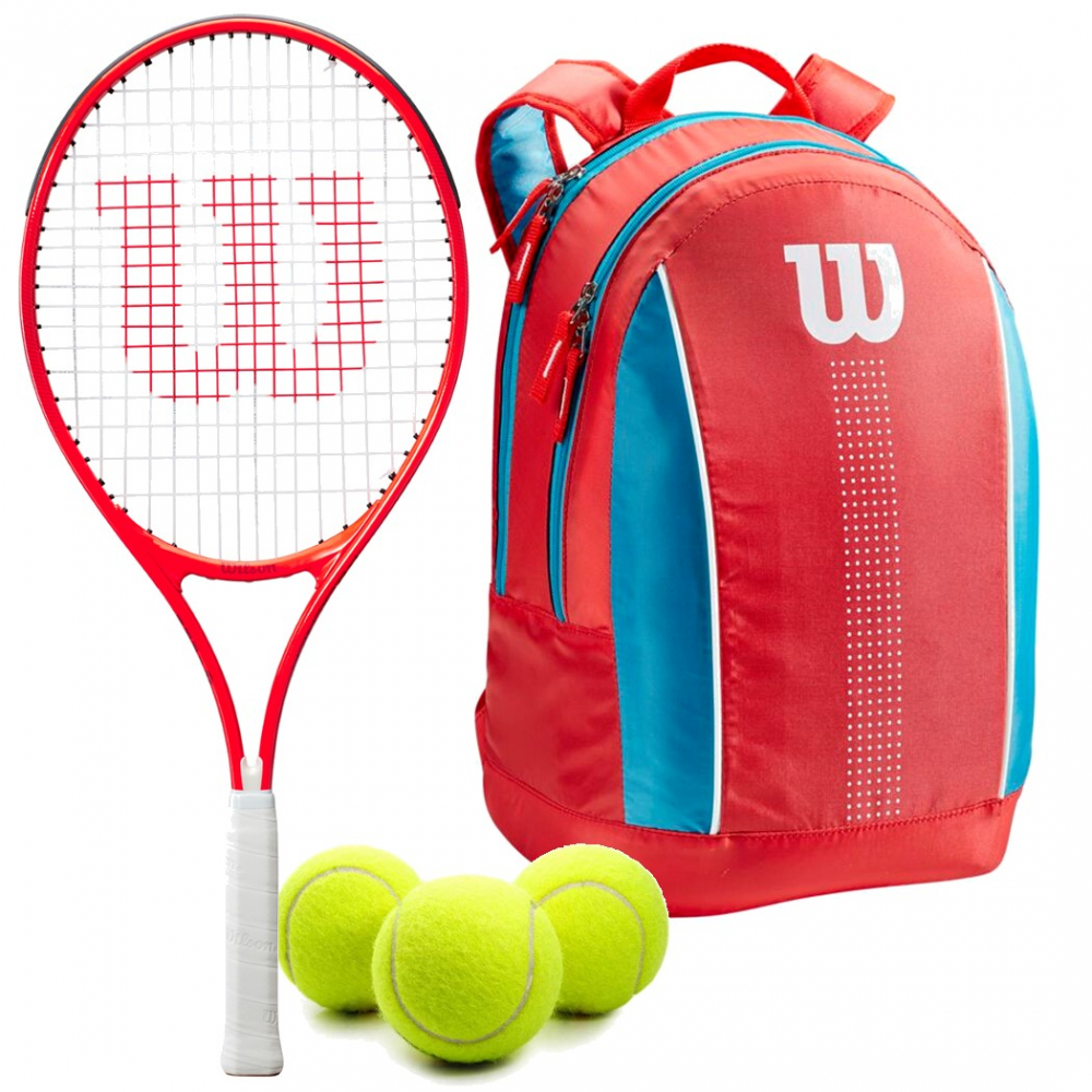WR054310U-WR8012904001-Ball-BNDL Wilson Roger Federer Junior Red White Tennis Racquet Coral Blue White Kids Backpack Balls