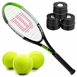WR055410U-Ball-Black-OG Wilson Blade Feel Pre-Strung 26 Inch Junior Tennis Racquet Black Green with 3 Black Overgrips Balls