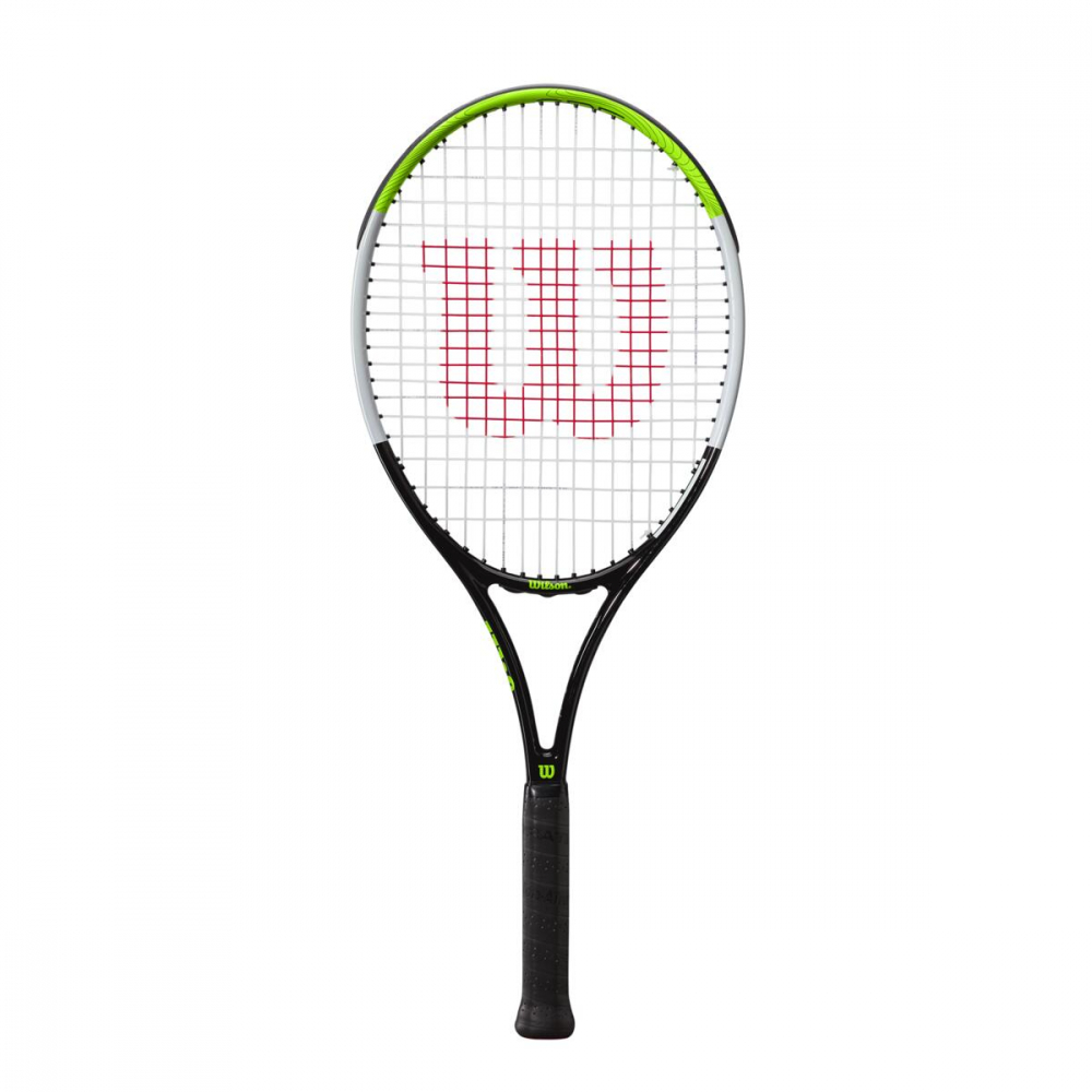 WR055410U-Ball-Green-OG Wilson Blade Feel Pre-Strung 26 Inch Junior Tennis Racquet Black Green with 3 Green Overgrips Balls