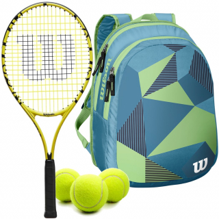 Wilson Minions Kids Tennis Racquet bundled with a Blue/Green Junior Backpack & Tennis Balls