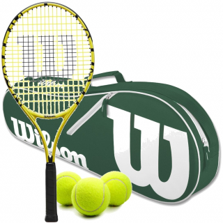 WR069210U-WR8005203-Ball-BNDL Wilson Minions 25 Inch Kids Tennis Racquet Green White Advantage II Bag Balls