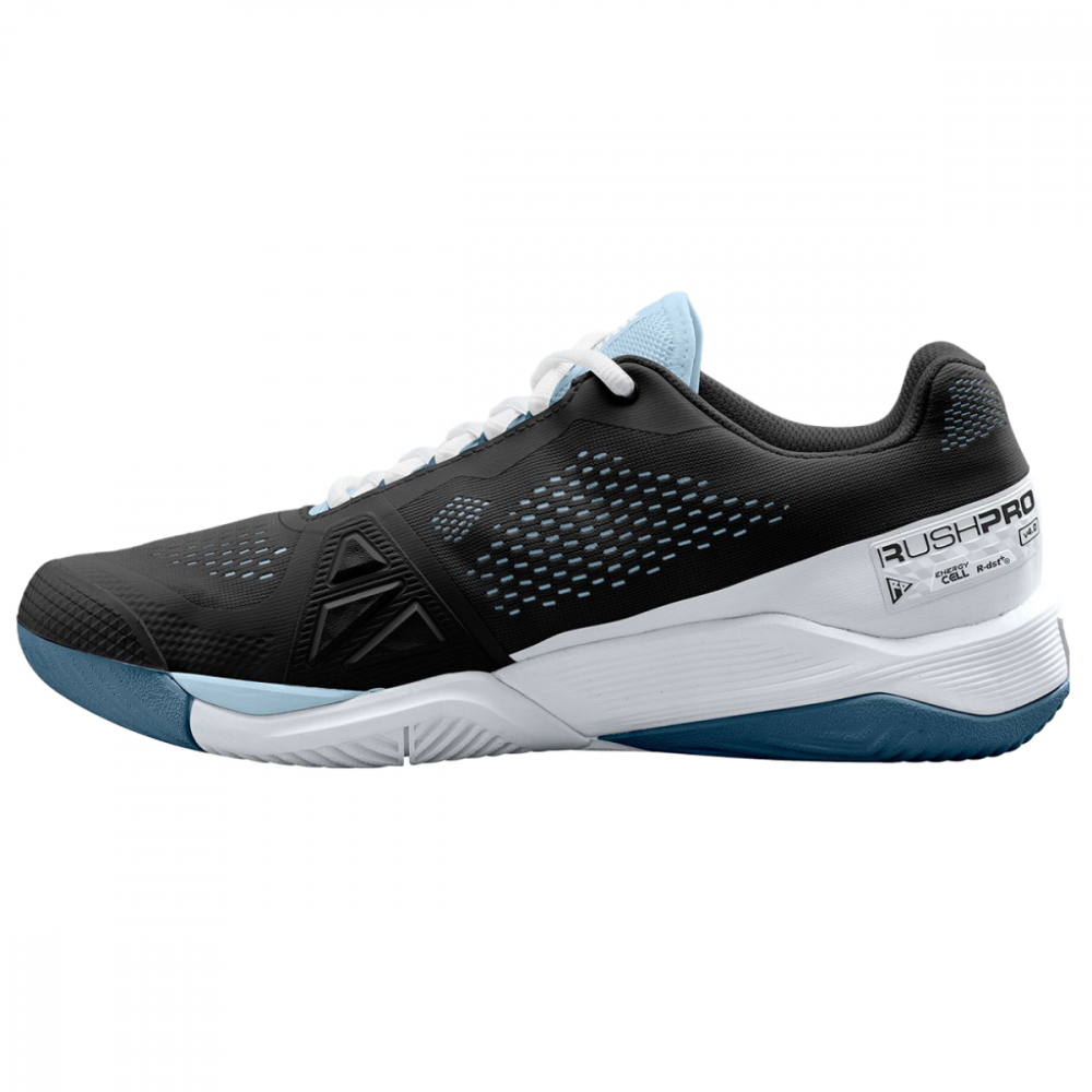 WRS328680U Wilson Women's Rush Pro 4.0 Tennis Shoes (Black/White/China Blue) - Left