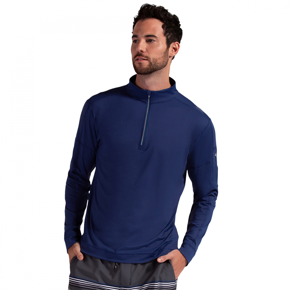 BloqUV Men's UV Protection Mock Zip Long Sleeve Tennis Shirt (Navy)