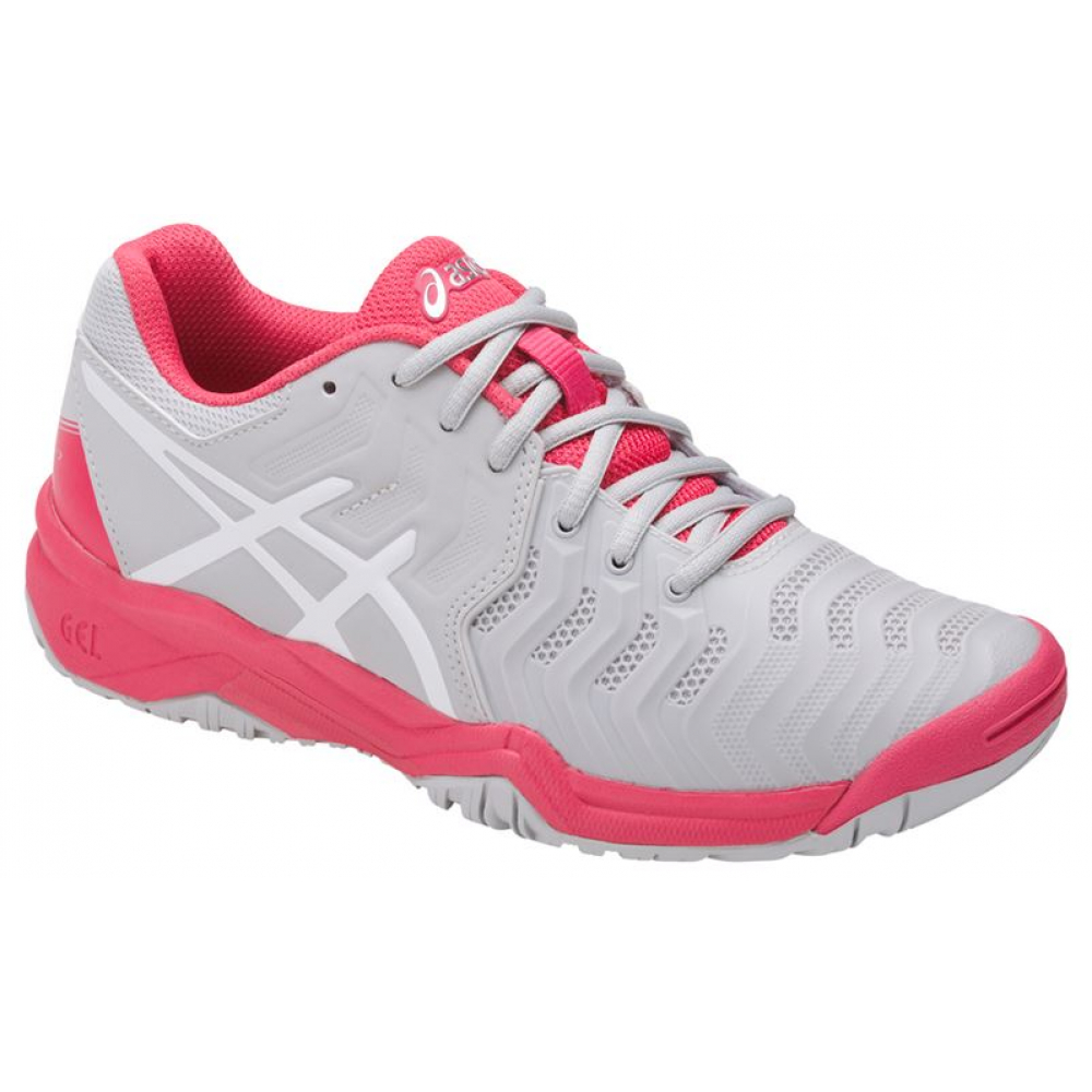Asics Women's Gel Resolution 7 Tennis Shoes (Glacier Grey/White/Rouge Red)