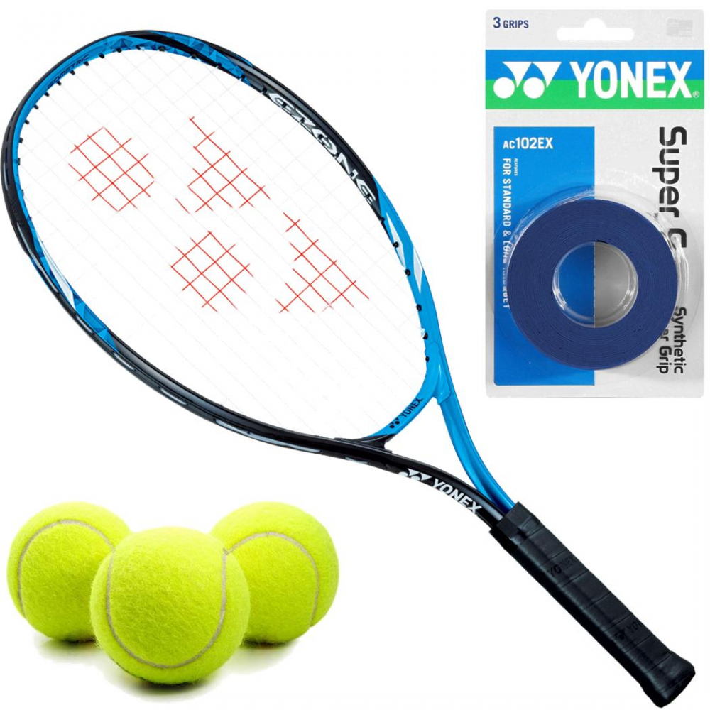 Yonex EZONE Bright Blue Junior Tennis Racquet, 3 Tennis Balls, 3 Blue Overgrips