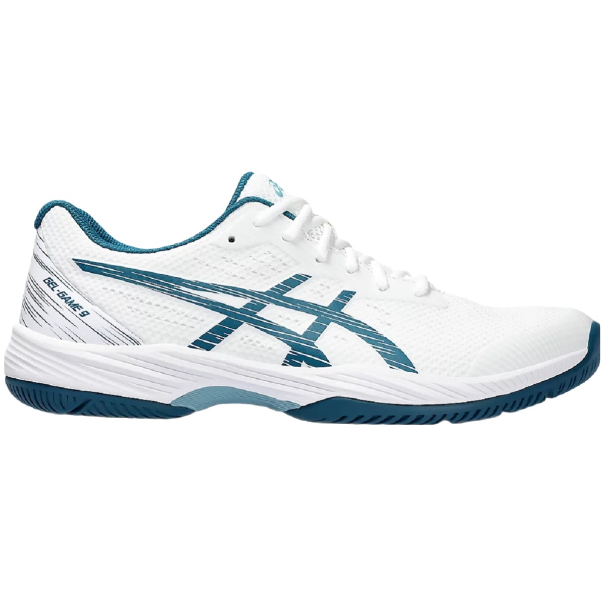 1041A337-102 Asics Men's Gel-Game 9 Tennis Shoes (White/Restful Teal)