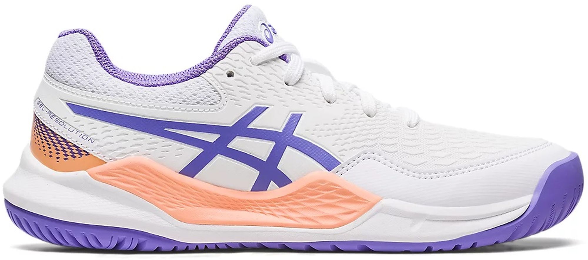 Asics Juniors Gel Resolution 9 Grade School Tennis Shoes (White/Amethyst)
