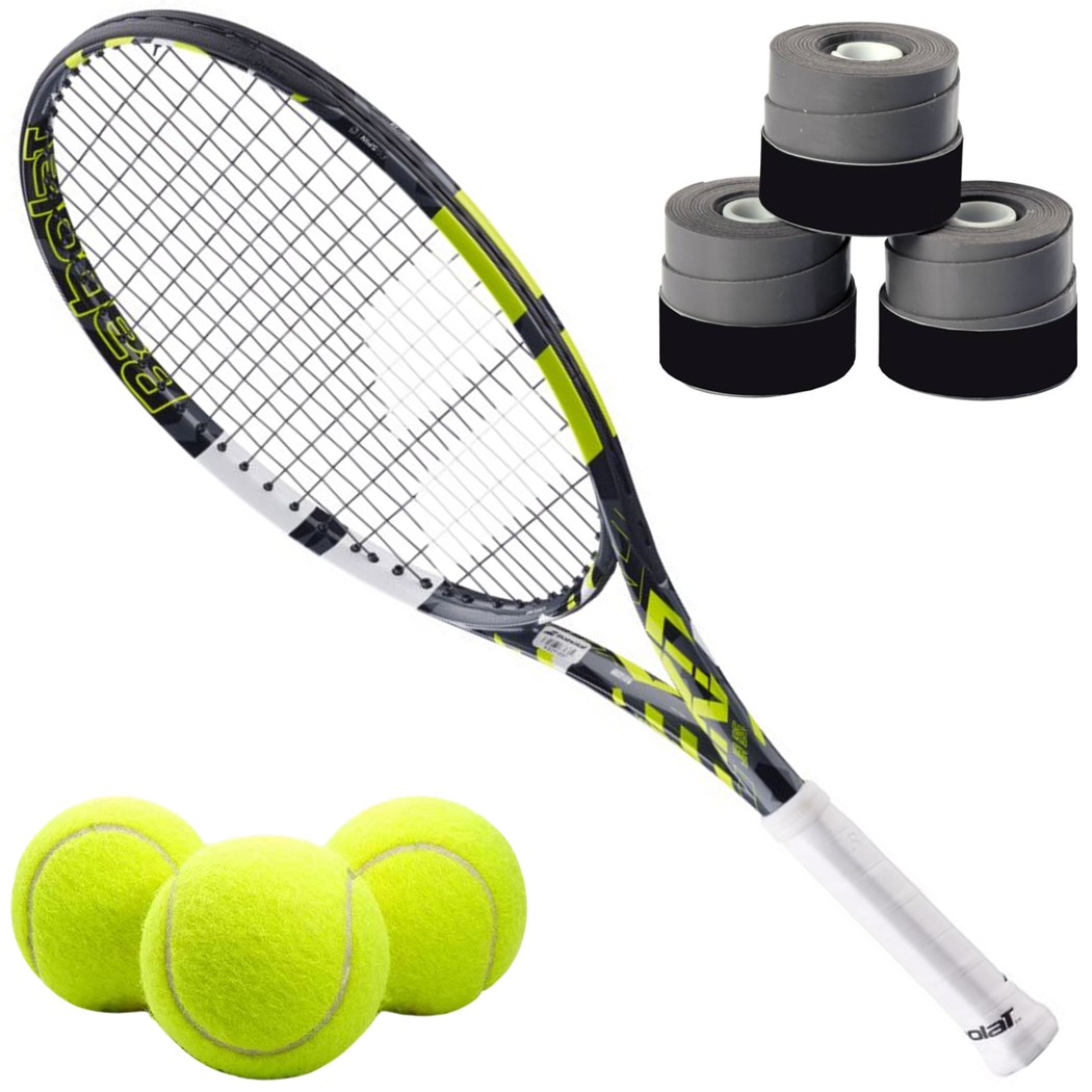 Babolat Pure Aero Junior 25 Tennis Racquet bundled w 3 Grey Overgrips + 3 Tennis Balls