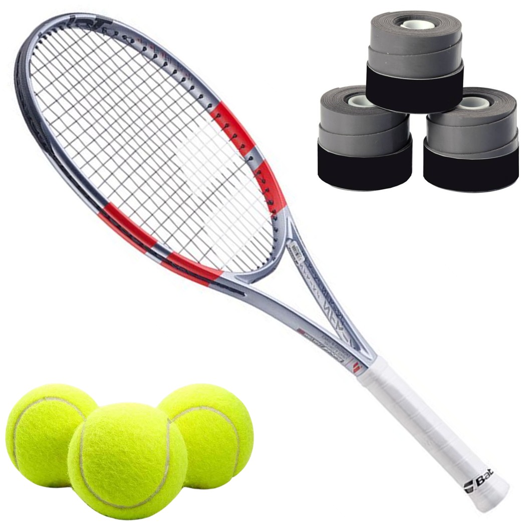 140526-Red-OG Babolat Pure Strike Junior 26 Inch 4th Gen Tennis Racquet (Carbon Grey) bundled w 3 Red Overgrips + 3 Tennis Balls