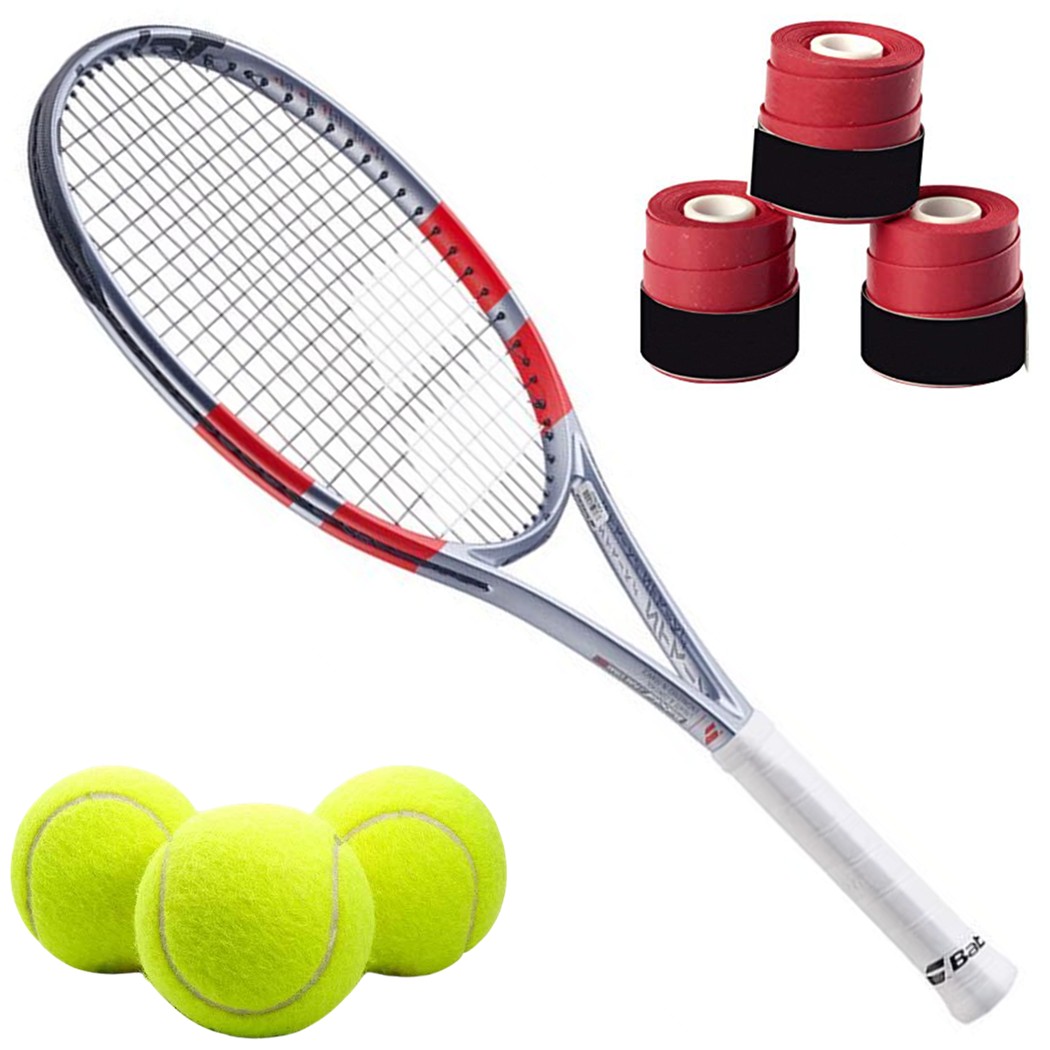 140526-Red-OG Babolat Pure Strike Junior 26 Inch 4th Gen Tennis Racquet (Carbon Grey) bundled w 3 Red Overgrips + 3 Tennis Balls