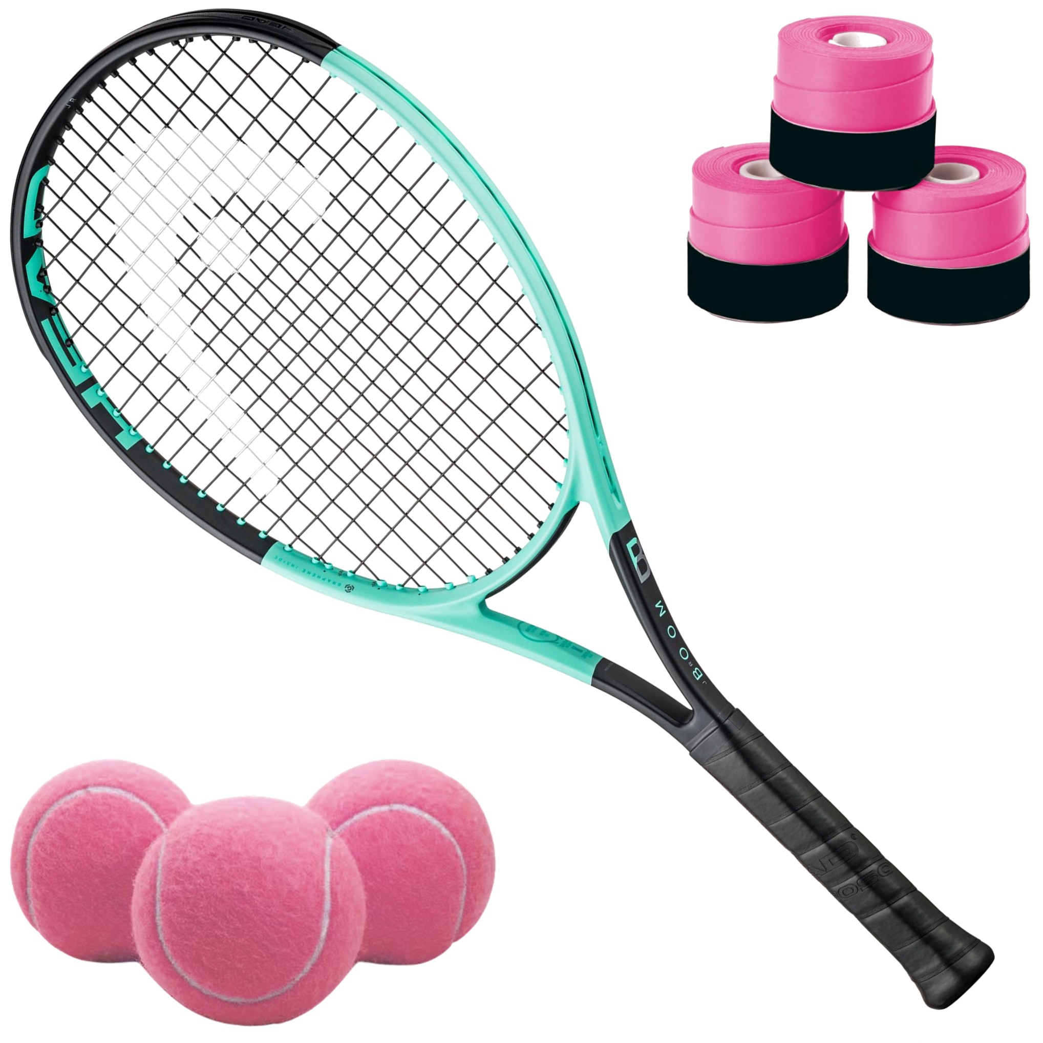 230164-Pink-OG Head Auxetic 2.0 Boom 26 Inch Junior Tennis Racquet bundled w 3 Pink Overgrips + 3 Pink Tennis Balls