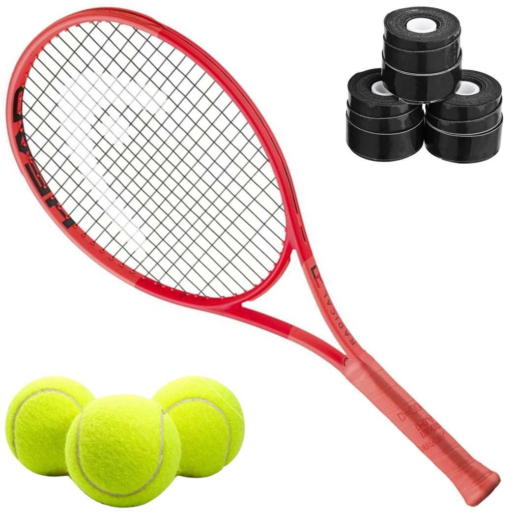 231045-Black-OG Head Auxetic 2.0 Radical Jr Tennis Racquet bundled w 3 Black Overgrips + 3 Tennis Balls