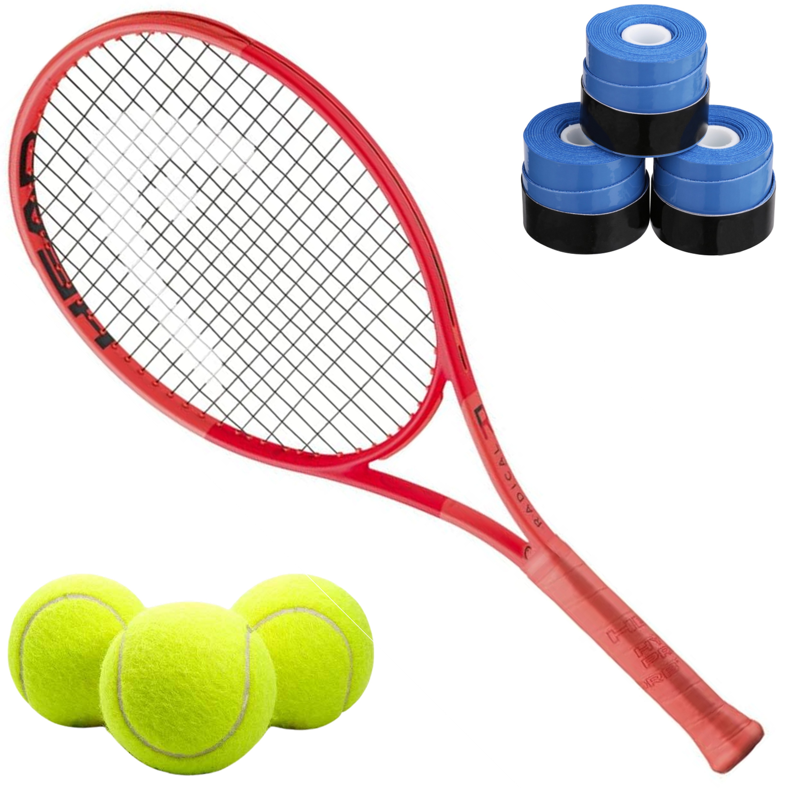 231045-Blue-OG Head Auxetic 2.0 Radical Jr Tennis Racquet bundled w 3 Blue Overgrips + 3 Tennis Balls