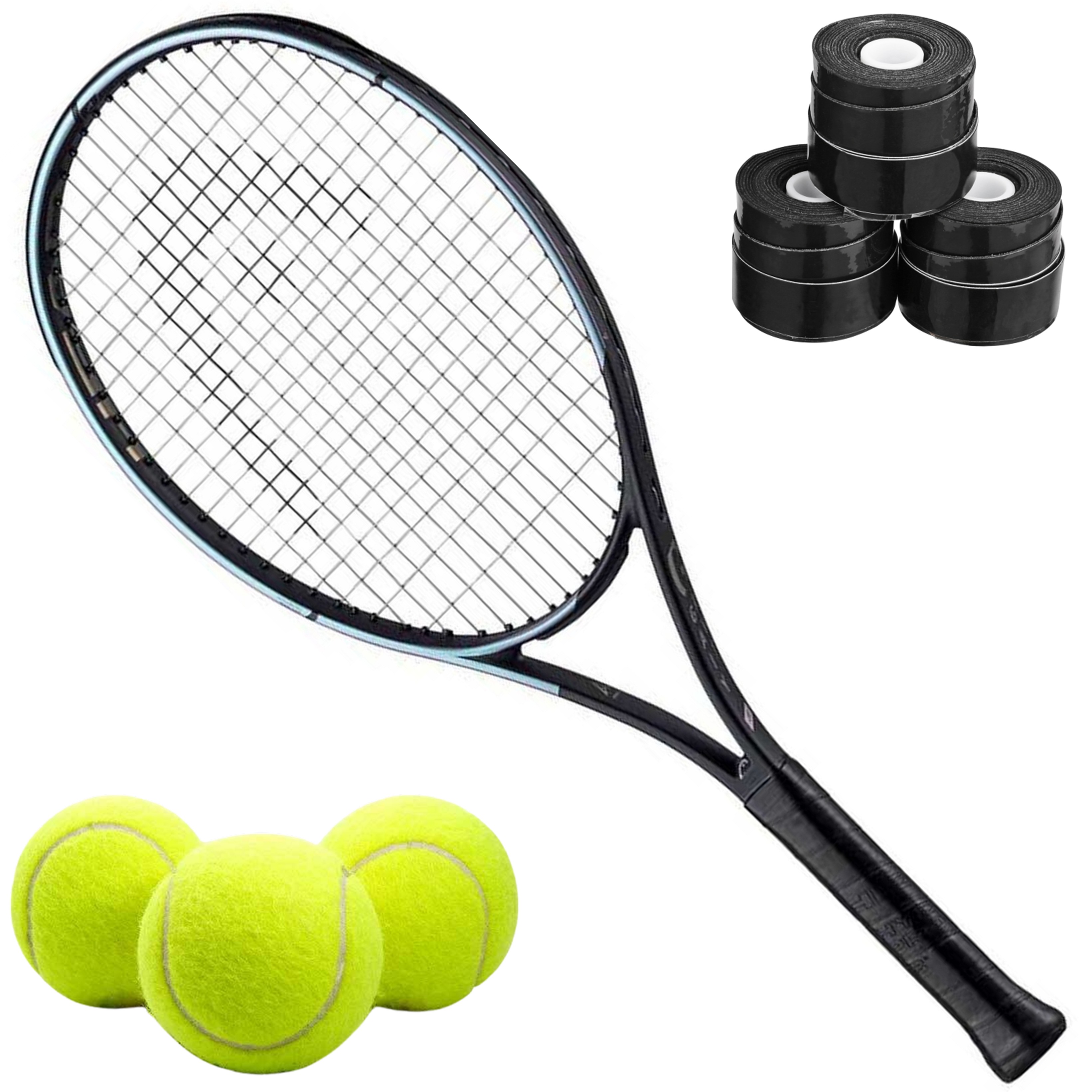 235363-Black-OG Head Auxetic Gravity 26 Inch Junior Tennis Racquet bundled w 3 Black Overgrips + 3 Tennis Balls