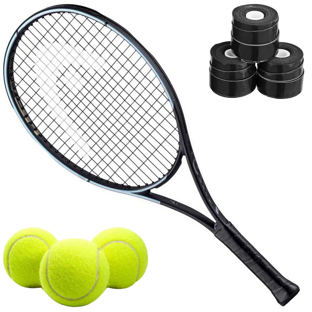 235373-Black-OG Head Auxetic Gravity 25 Inch Junior Tennis Racquet bundled w 3 Black Overgrips + 3 Tennis Balls