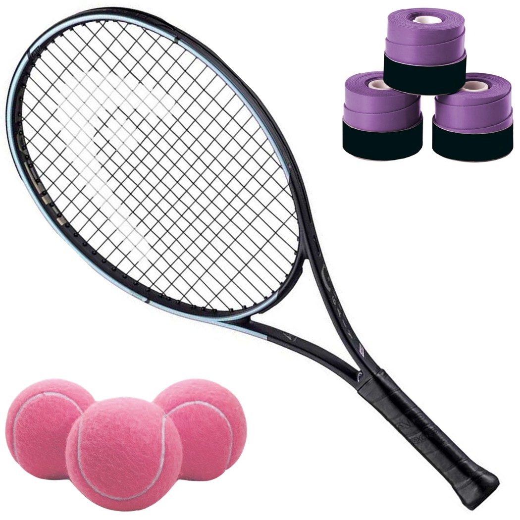 235373-Purple-OG Head Auxetic Gravity 25 Inch Junior Tennis Racquet bundled w 3 Purple Overgrips + 3 Pink Tennis Balls