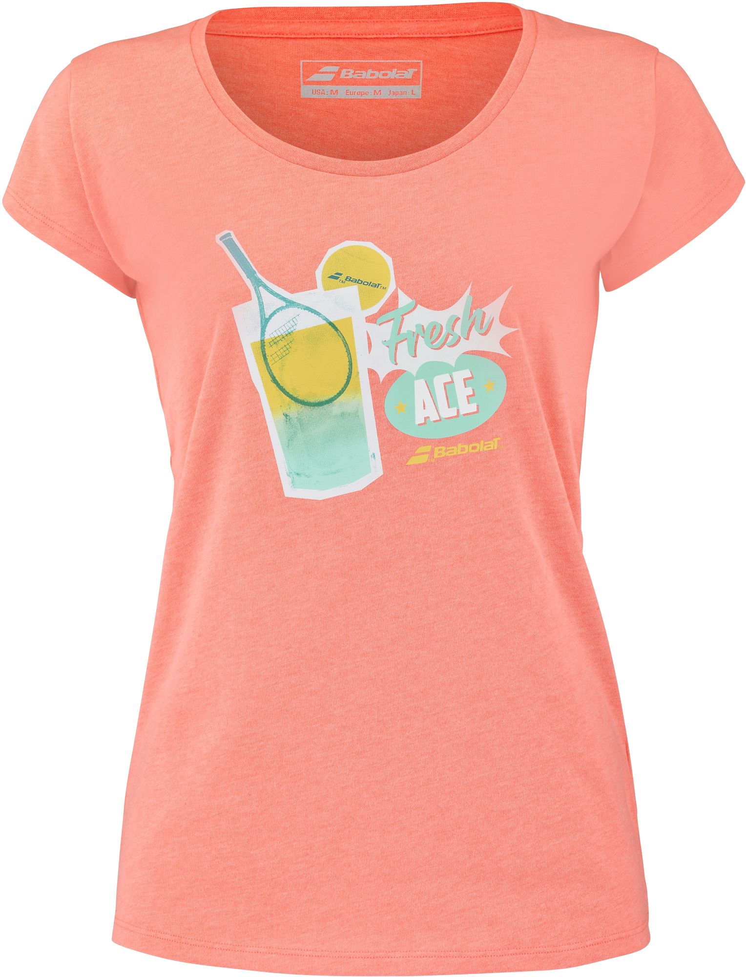 4WS23445-5006 Babolat Women's Exercise "Fresh Ace" Message Tennis Training Tee (Fluo Strike Heather)