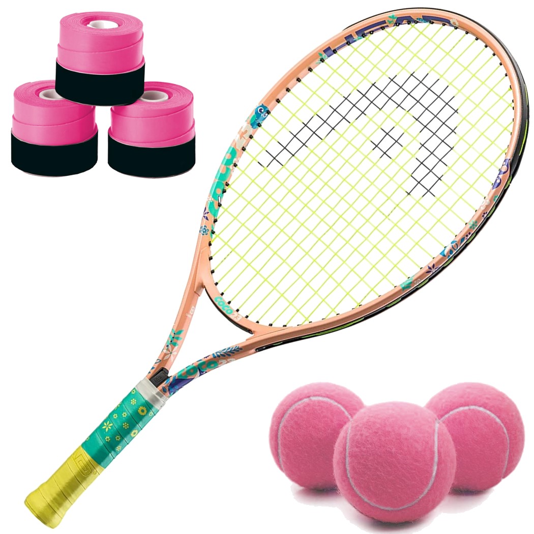 CocoJr-Pink-OG Head Coco Junior Tennis Racquet bundled w 3 Pink Overgrips and 3 Pink Tennis Balls