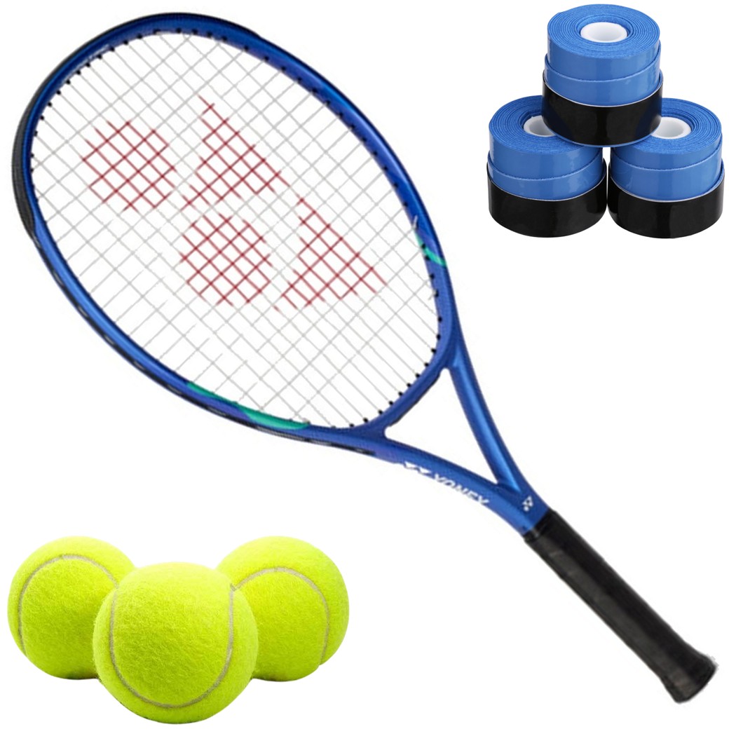 EZ08J25-Blue-OG Yonex Ezone Junior 25 Inch Blast Blue Tennis Racquet (8th Gen) Prestrung bundled w 3 Blue Overgrips + 3 Tennis Balls