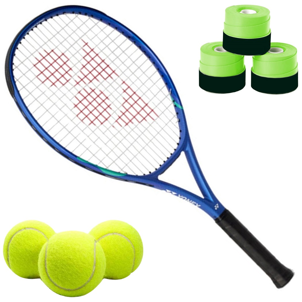 EZ08J25-Green-OG Yonex Ezone Junior 25 Inch Blast Blue Tennis Racquet (8th Gen) Prestrung bundled w 3 Green Overgrips + 3 Tennis Balls