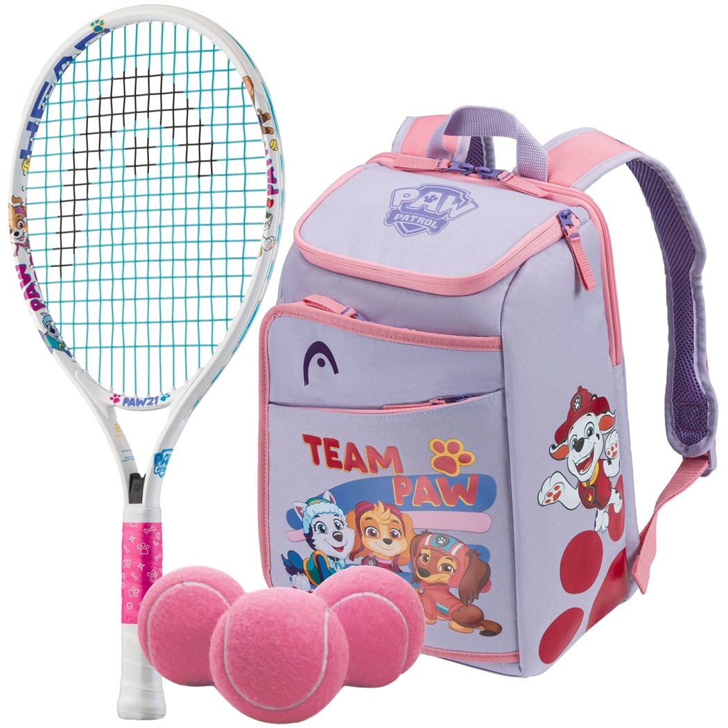 Head Paw Patrol Junior Tennis Bundle (White/Purple) - 1 Racquet, 1 Backpack & 3 Pink Tennis Balls