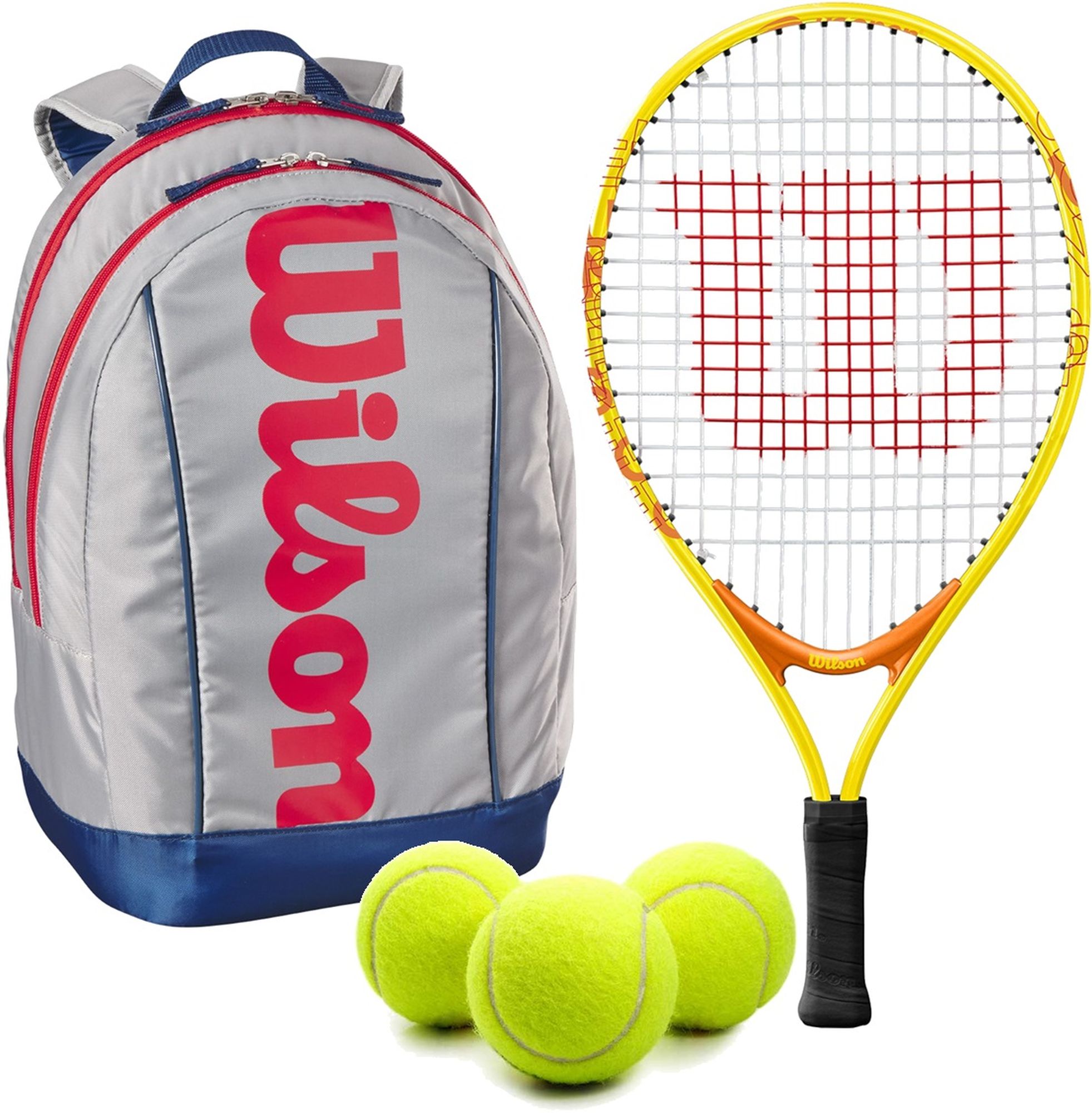 OpenJr-WR8023801001U-Ball Wilson US Open Junior Tennis Racquet + Backpack + 3 Tennis Balls (Grey/Red)