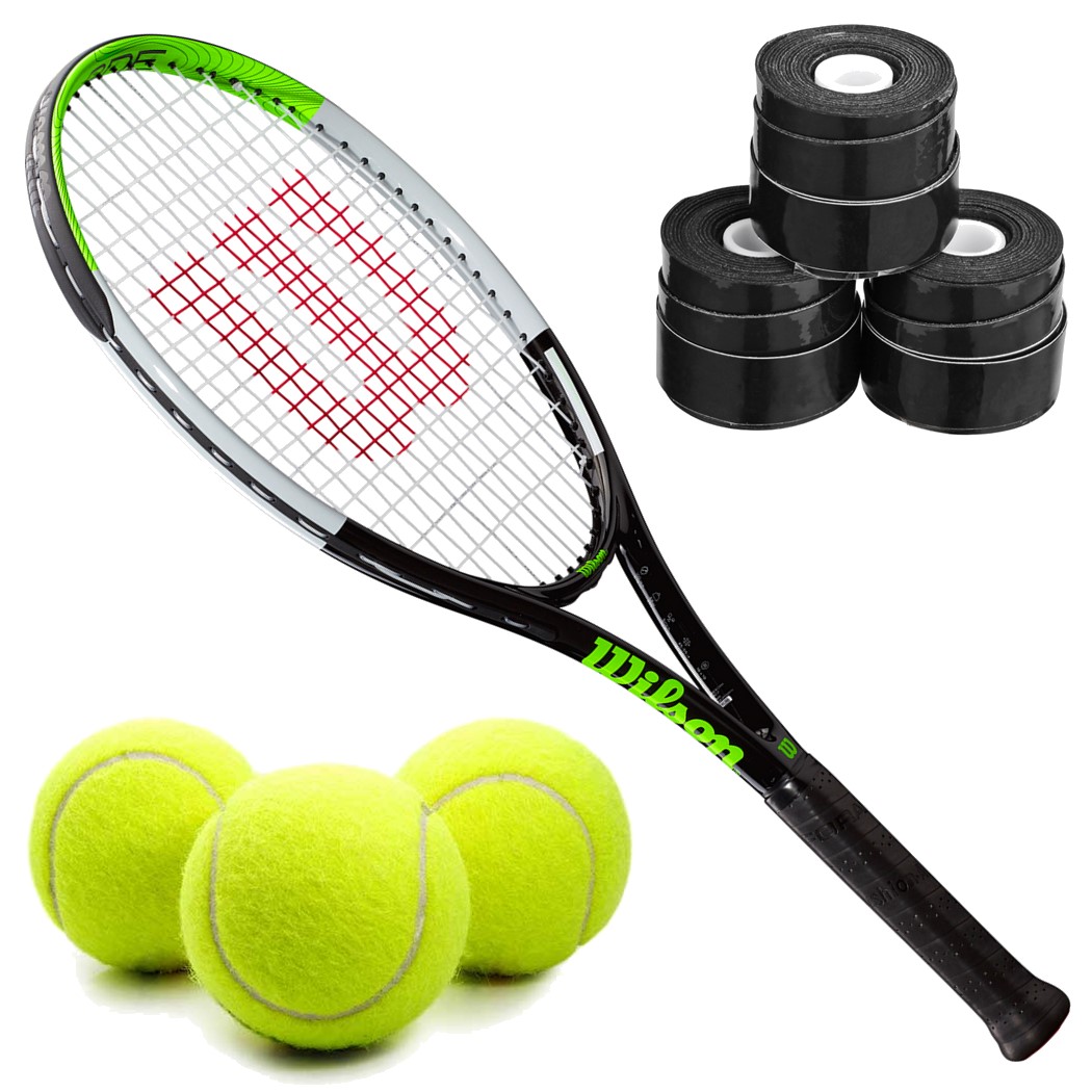 Wilson Blade Feel Junior Tennis Racquet bundled w 3 Black Overgrips and 3 Tennis Balls