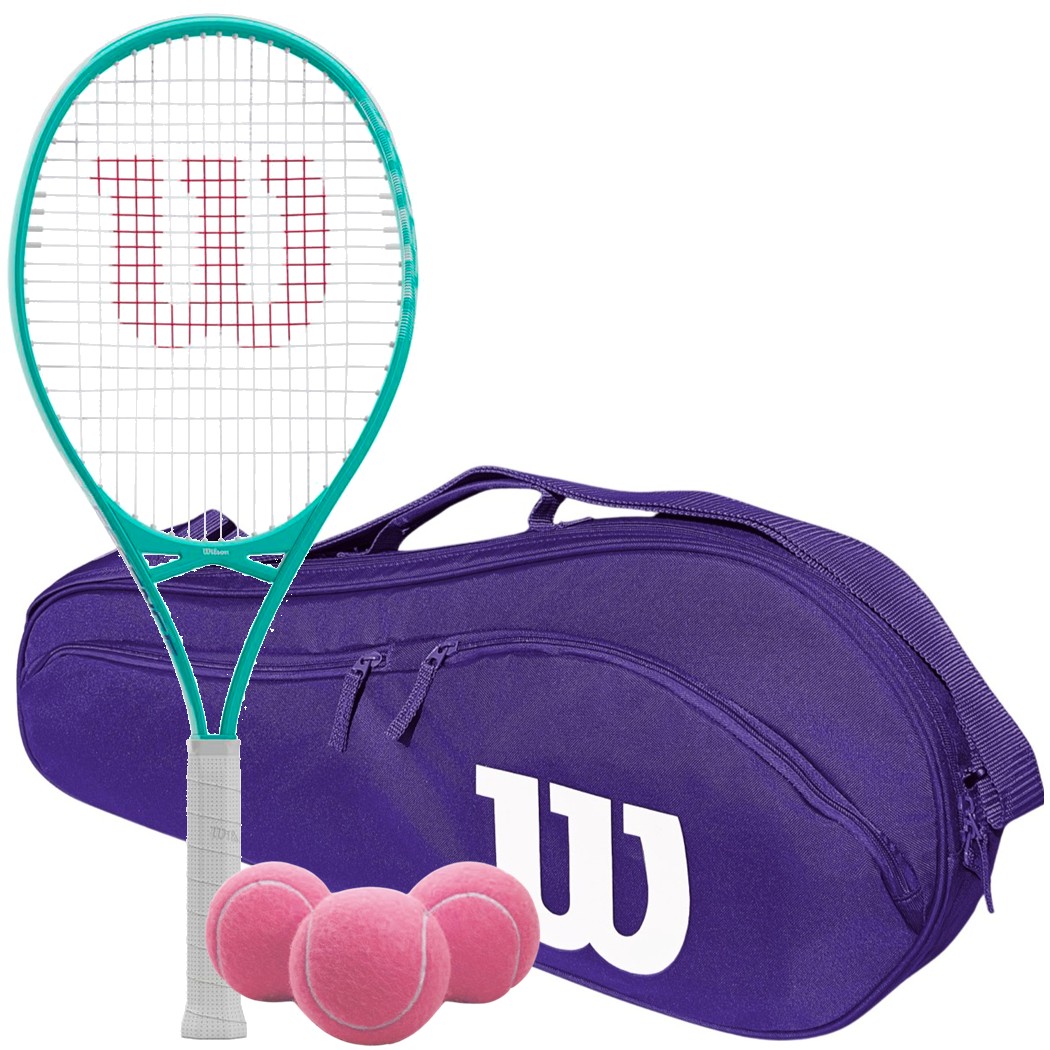 WR087410U-4.25-WRZ601403-Balls-BNDL Wilson Essence 112 Teal Tennis Racquet Bundled w Advantage 2.5 Tennis Bag Black and 3 Pink Tennis Balls a