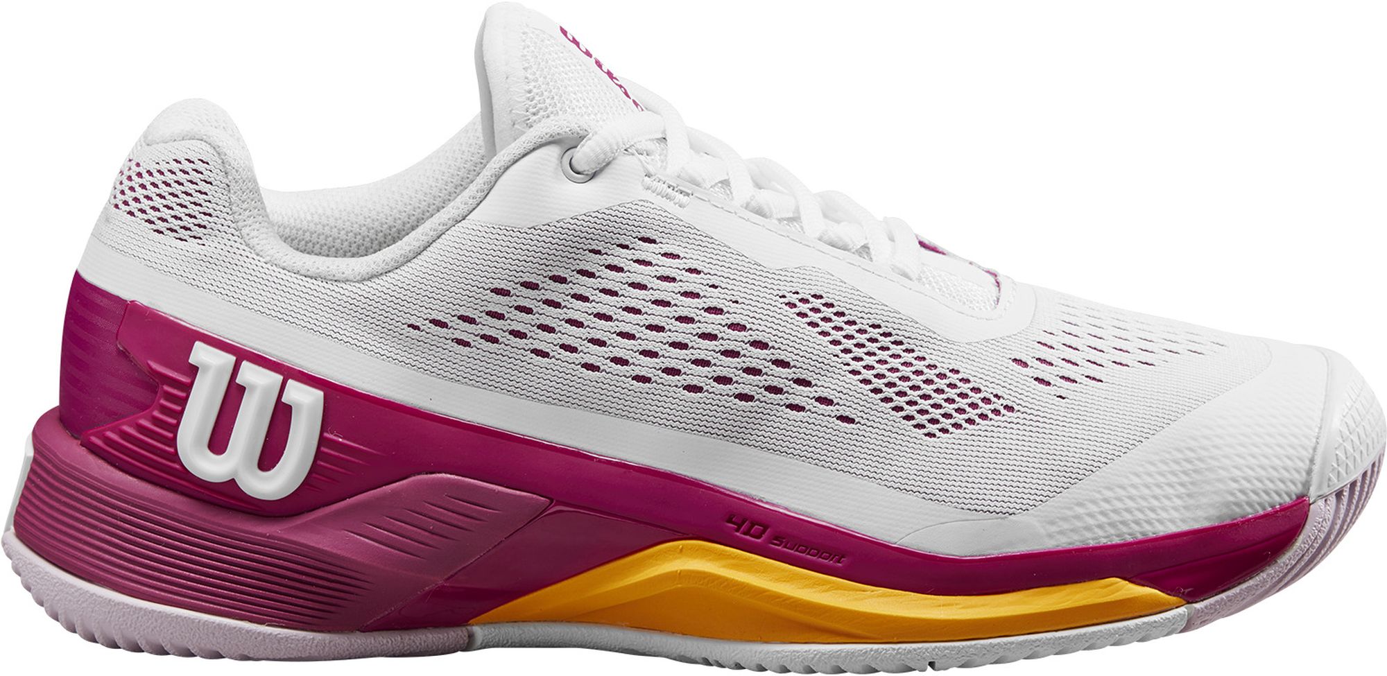 WRS328690U Wilson Women's Rush Pro 4.0 Tennis Shoes (White/Baton Rouge/Saffron)