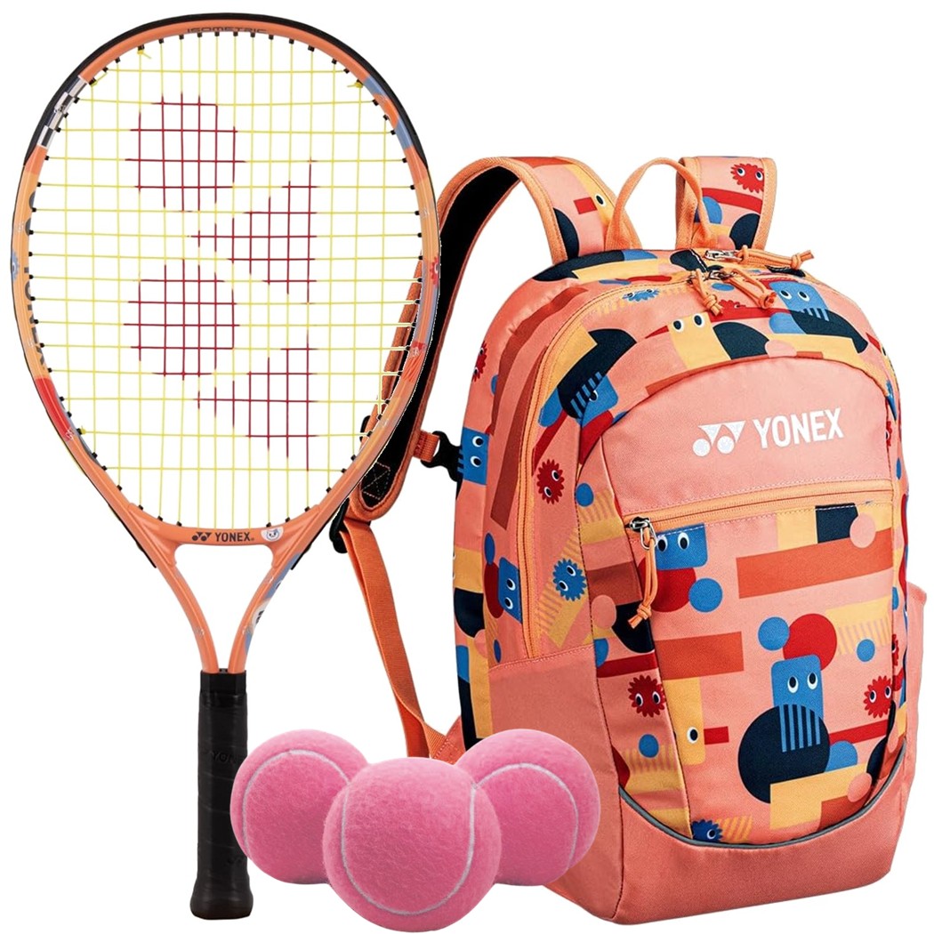 Yonex Junior Tennis Bundle (Coral Orange) - 1 Racquet, 1 Backpack & 3 Pink Tennis Balls